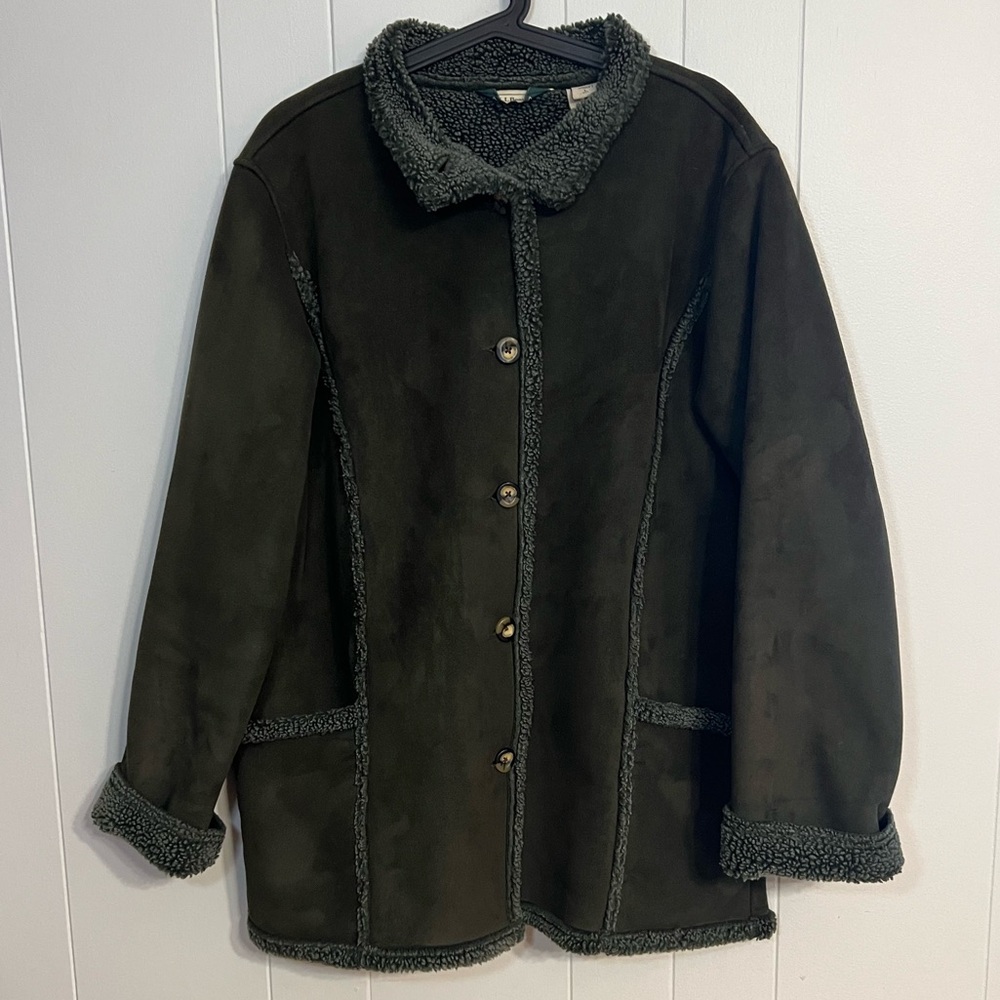 LL Bean Faux Suede Sherling Sherpa Lined dark green Jacket Sz: L